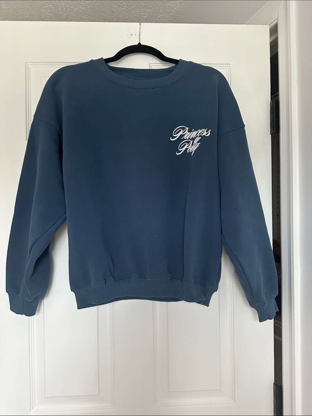 Princess Polly Men's Slate Blue Crewneck Sweatshirt with White Script Logo